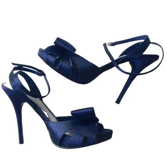 Bakers Shoes Vintage Bakers Navy Satin Bow Ankle Strap Heels 7